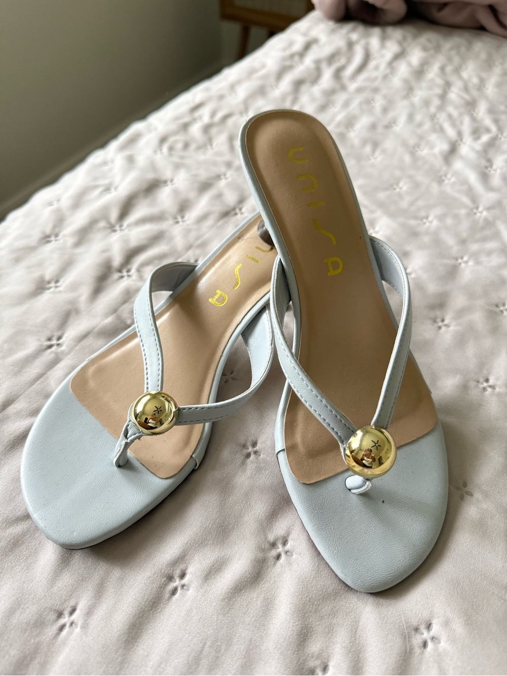 Unisa Women's Pale Blue Thong Mules with Gold Accent